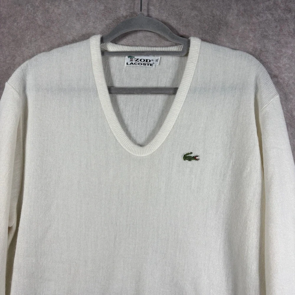 Vintage IZOD Lacoste Sweater XL White Knit Orlon Acrylic Knit Pullover Preppy